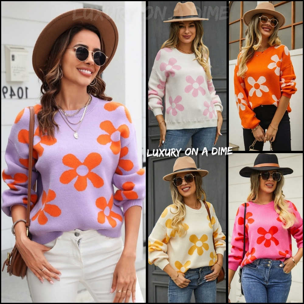 Flower Power Retro Floral Knit Round Neck Long Sleeve Oversized Pullover Sweater - Picture 9 of 9